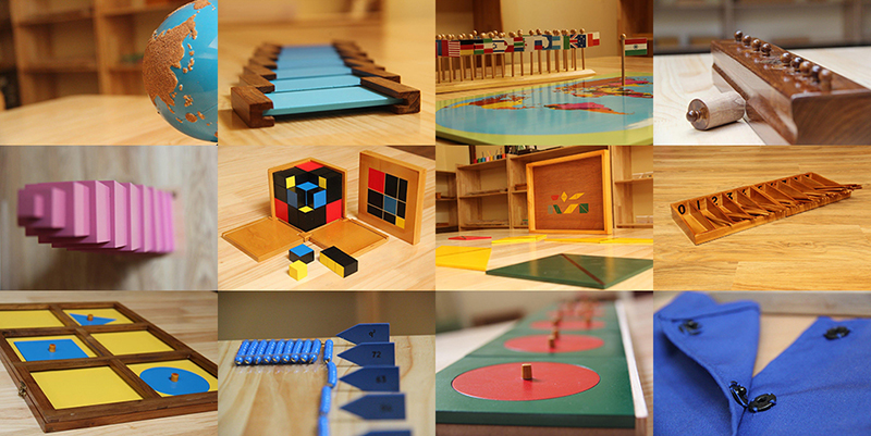 a collage of photos showing different types of toys on the floor in a montessori class room –The Montessori Materials – Mont Ivy Preschools