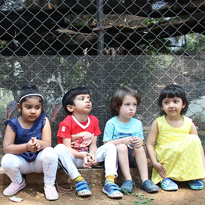 a group of children sitting on a ground in front of a fence – Mont Ivy Preschools
